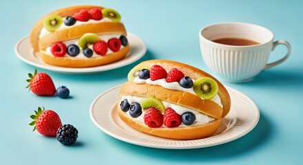 Obraz premium Fruit-Topped Dessert with Fresh Berries and Cream Served with Tea