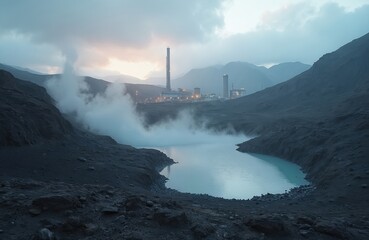 Industrial geothermal power plant on cloudy day. Steam rises from blue water pool near mountains. Facility generates clean energy with sustainable tech. Future power production.