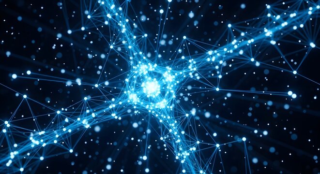 Abstract neural network connection with glowing nodes and interconnecting lines on dark background - Powered by Adobe