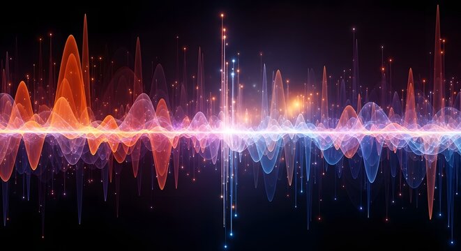 Abstract audio waveform visualization with vibrant colors and dynamic reflections on dark background - Powered by Adobe