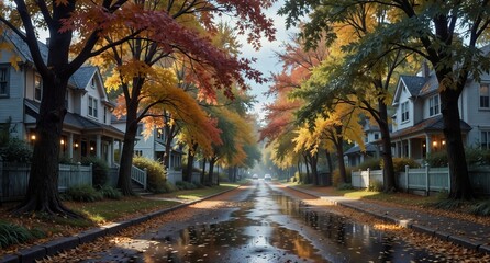 Naklejka premium autumn street in quiet residential neighborhood with colorful trees and wet pavement after rain.