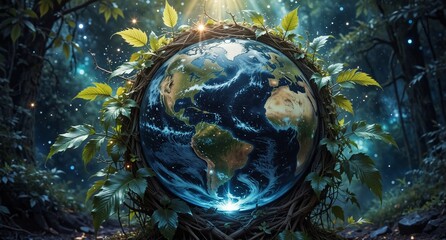 magical earth protected by lush forest roots and glowing foliage, environmental conservation concept.
