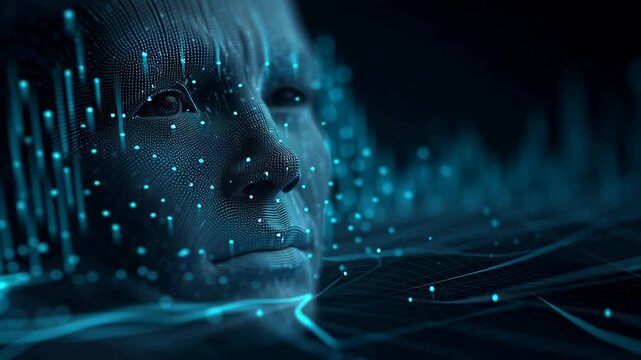 A face is shown in a blue background with a lot of dots. AI interface visualizing customer sentiment as floating data points, futuristic data-driven emotion analysis, sentiment analysis ai