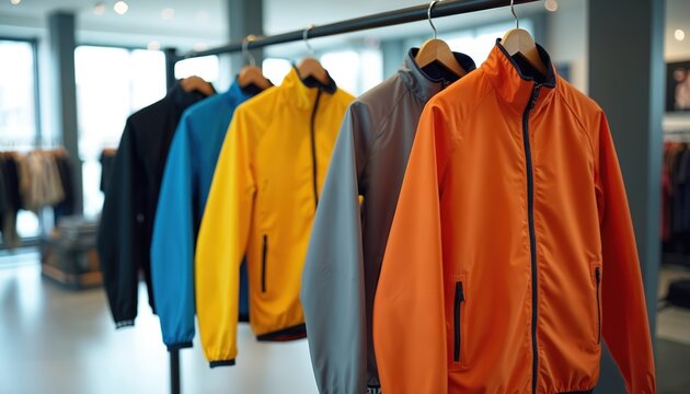 Colorful softshell windbreakers hang on a rack inside a modern store. Outerwear items in vibrant hues are displayed for sale. Jackets have zippers and pockets, ready for outdoor use.