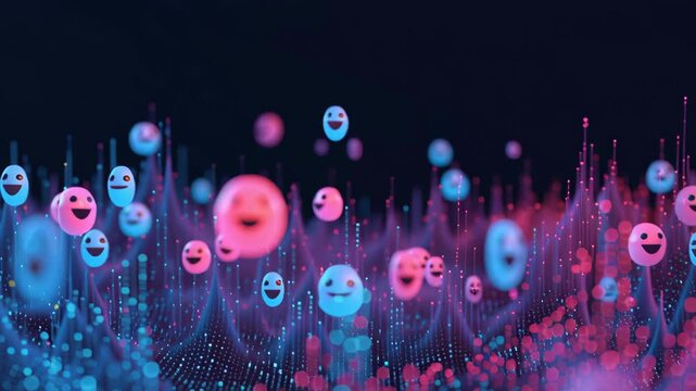 A colorful array of emoticons, including some with smiling faces. AI interface visualizing customer sentiment as floating data points, futuristic data-driven emotion analysis, sentiment analysis ai