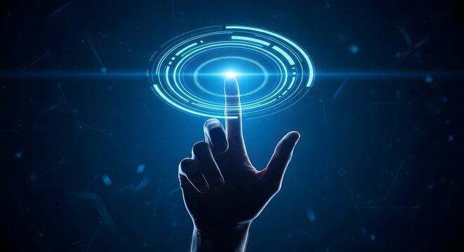 Futuristic technology concept finger touching a glowing interface with digital circles