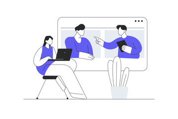 Woman with laptop have videoconference with colleagues, clients or friends. Online meeting, web conferencing, virtual call. Flat Cartoon Vector Illustration, icon Stylish abstract design landing page 
