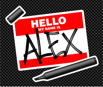 Name tag sticker with handwritten Alex and marker on transparent background. - Powered by Adobe