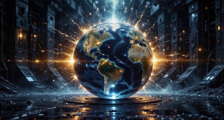 futuristic earth glowing with energy in a high-tech industrial setting with dramatic lighting and reflections.