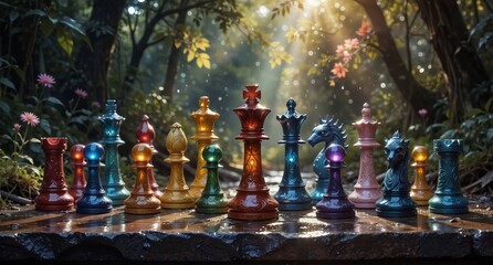 Naklejka premium colorful chess pieces arranged in a lush forest setting with dramatic lighting and bokeh.