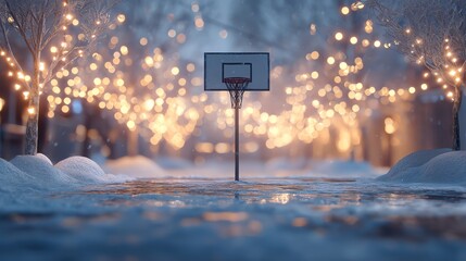 A serene winter basketball court illuminated by glowing lights and soft snow.