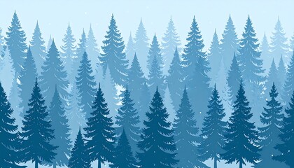 Fototapeta premium Dense evergreen forest displays layered blue silhouettes against a light sky.