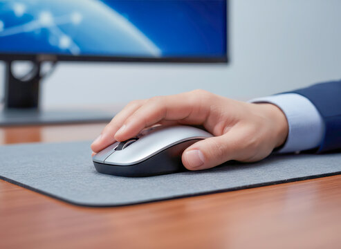 Close up of hand using computer mouse on desk with monitor - Powered by Adobe