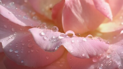 Delicate pink rose petals adorned with morning dew glimmering in soft sunlight