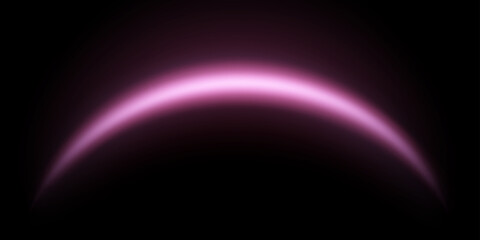 Pink magic arch with glowing particles, sunlight lens flare. Neon realistic energy flare arch.  Abstract light effect on a black background. Vector illustration.