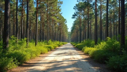 Fototapeta premium Scenic photo shows path winding through rich pine forest. Sunlight filters through tall trees creating shadow play. Green undergrowth lines the trail with blue sky.