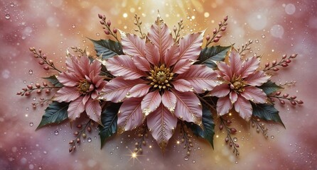 luxurious pink poinsettia arrangement with gold accents and sparkling bokeh for festive holiday greetings and winter designs.