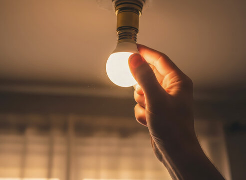 Hand screwing in or replacing a glowing warm white led light bulb into a ceiling socket indoors with soft ambient light