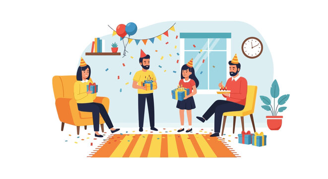 Family Birthday Party Celebration with Gifts, Balloons, and Festive Decorations at Home