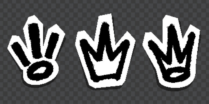 Graffiti-style black crown and symbol stickers with white outlines on dark background.