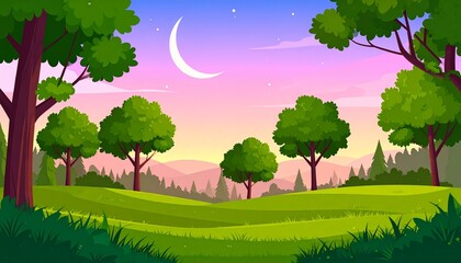 Summer sunrise forest landscape with green trees, bushes, grass. Nature park scenery, 