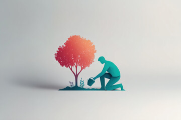 Clean minimalistic image of person nurturing sapling, representing environmental responsibility, reforestation projects and ecological awareness campaigns