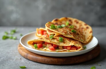 Indian chilla pancakes filled with cheese and tomatoes. Savoury gram flour flatbreads served on white plate. Simple vegetarian meal garnished with green onions.