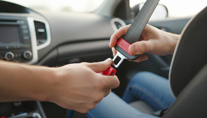 Closeup of two peoples hands fastening a car seat belt buckle inside a vehicle for safety and protection during travel