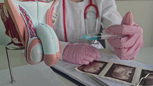 Intracavernous injections for erection. Injection into the penis. Penile enlargement with subcutaneous injections concept