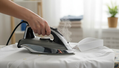 Close up of hand using a steam iron to press a white shirt collar