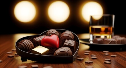 Romantic evening with chocolate heart box and whiskey drink