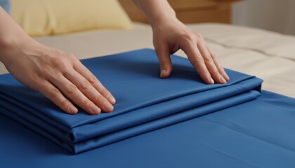 Hands folding a freshly laundered blue bed sheet or linen on a bed