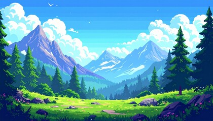 Pixel Art Landscape Background wallpaper design illustration. New popular mobile 