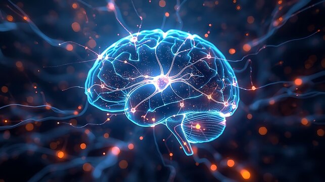 Brain activity: glowing human brain with connected neural network