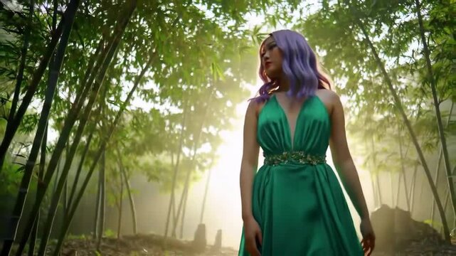 Woman in flowing green dress walks in bamboo forest. Background sunlight. For fashion, beauty, fantasy