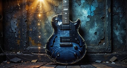 worn electric guitar with chipped paint leaning against a distressed metal door with sparkling light effects.