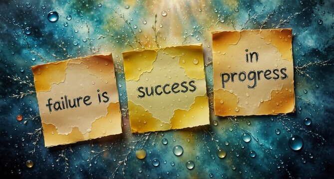 inspirational message with torn paper notes reading failure is success in progress on a wet textured background.