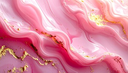 Flowing, glossy, textured abstract of pink waves accented with gold particles, creating a luxurious and elegant aesthetic