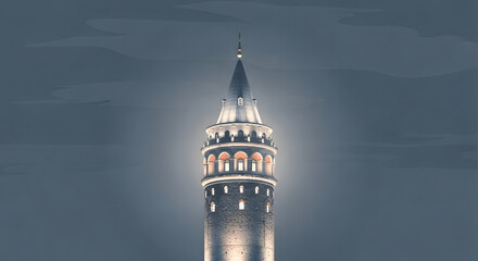 Iconic Galata Tower illuminated at night against cloudy sky  
