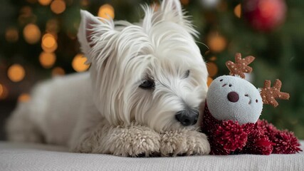 A white dog is laying on a couch next to a reindeer toy. The dog is looking at the camera. West Highland White Terrier with festive plush toy, peaceful christmas background - Powered by Adobe