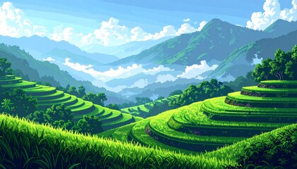 Fototapeta premium Pixel art depicting lush green terraced rice fields, with distant mountains veiled i