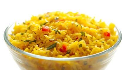 Close up of a glass bowl filled with vibrant yellow rice and herbs