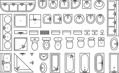 bathroom sanitary ware icons set 2, architectural elements of sanitary graphics of washbasins, sink, bathtub, hangers, urinals, toilets, taps top view  © Nadia
