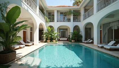 Obraz premium Luxury resort courtyard features clear blue swimming pool surrounded by white modern architecture. Lounge chairs and tropical plants create serene vacation ambiance. Sunny day.
