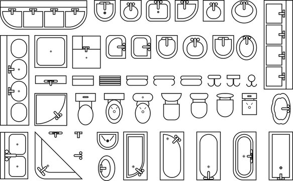bathroom sanitary ware icons set 2, architectural elements of sanitary graphics of washbasins, sink, bathtub, hangers, urinals, toilets, taps top view 