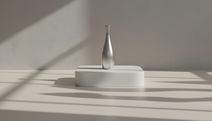 Fototapeta premium Minimal ceramic vase on white pedestal with soft sunlight