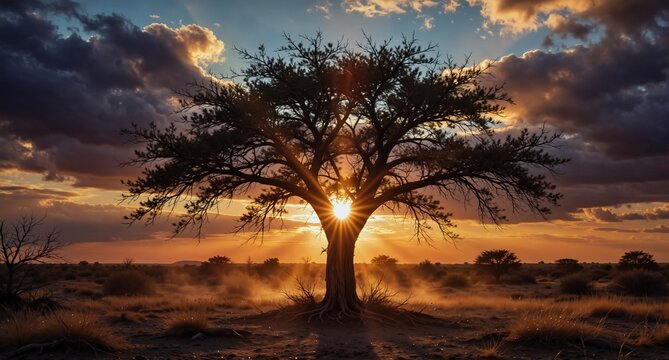 african savanna sunset with iconic acacia tree and hazy grassland during golden hour - Powered by Adobe