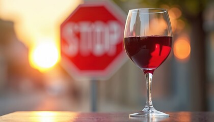 Red wine glass with stop sign suggests quitting alcohol. Concept of sober choice, stopping bad habits, and promoting healthy lifestyle. Awareness of drinking dangers.