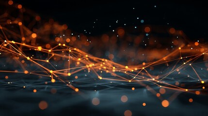 Stunning network connection with glowing orange nodes and soft blue bokeh lights for a professional technology presentation background