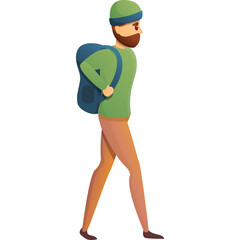 Man With Backpack And Beanie Hat Walking Side Profile In Green And Orange Tones On Transparent Background